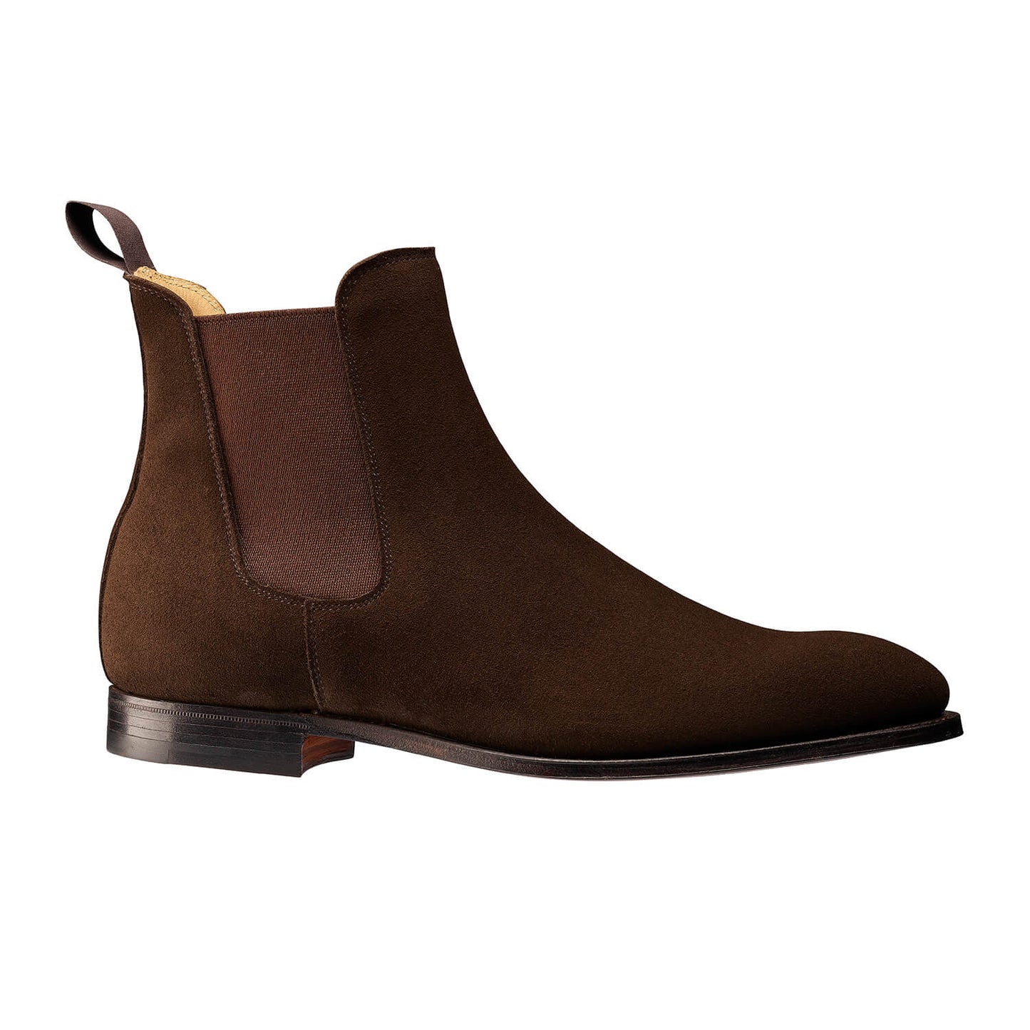 Bonnie, dark brown suede chelsea boot made in leather, branded Crockett & Jones