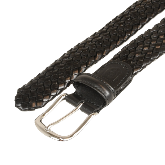 Belt in black woven calf with silver buckle branded Crockett & Jones