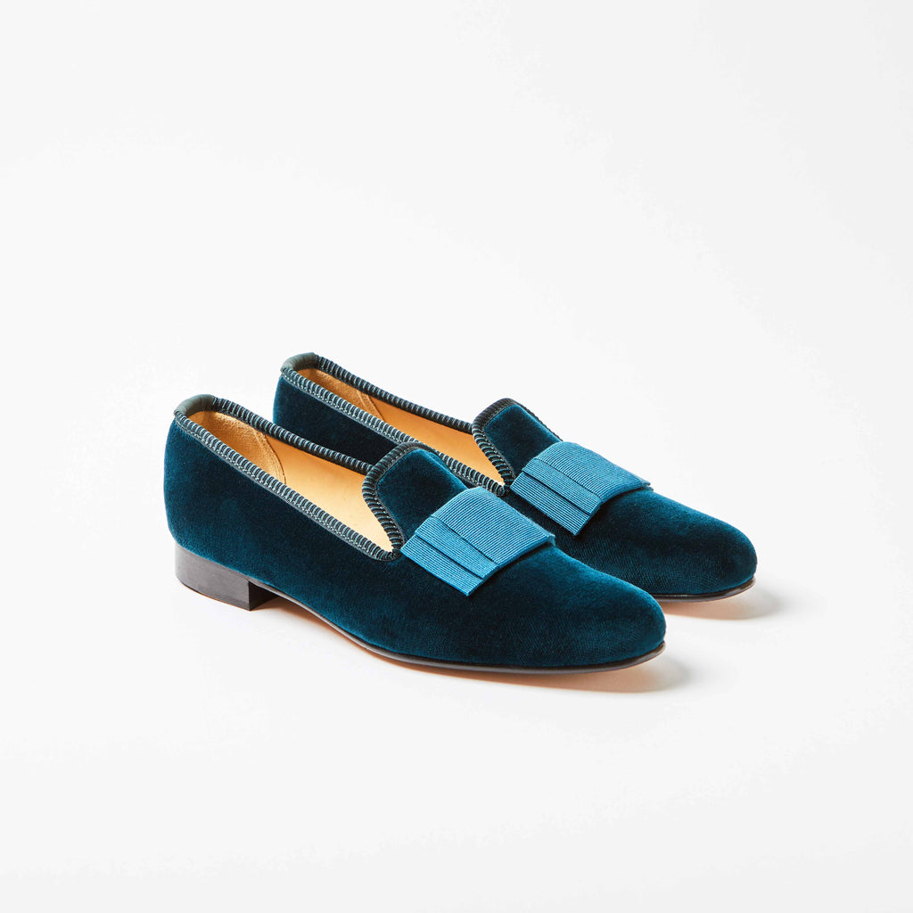 Teal Velvet Flat Bow Albert Slippers – Bowhill & Elliott