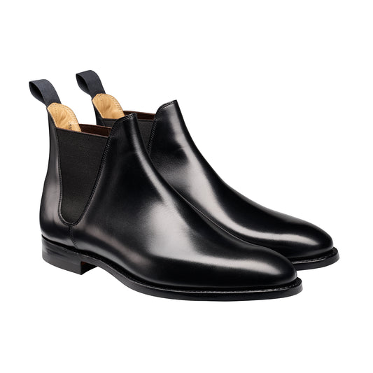 Chelsea 8, black calf chelsea boot made in leather, branded Crockett & Jones