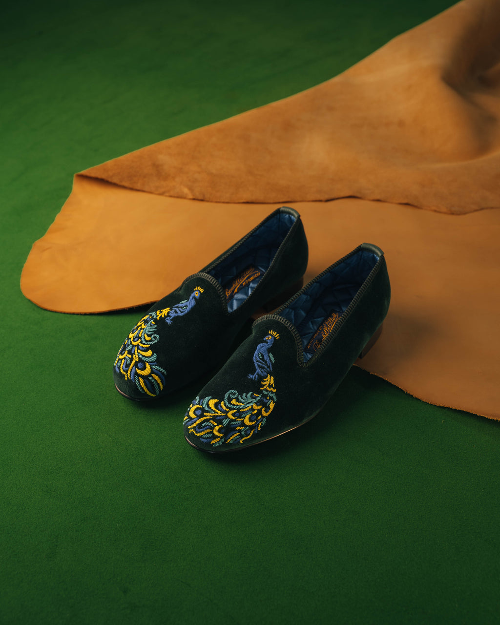 Green Velvet Venetian Peacock, Men's Slippers, Bowhill & Elliott