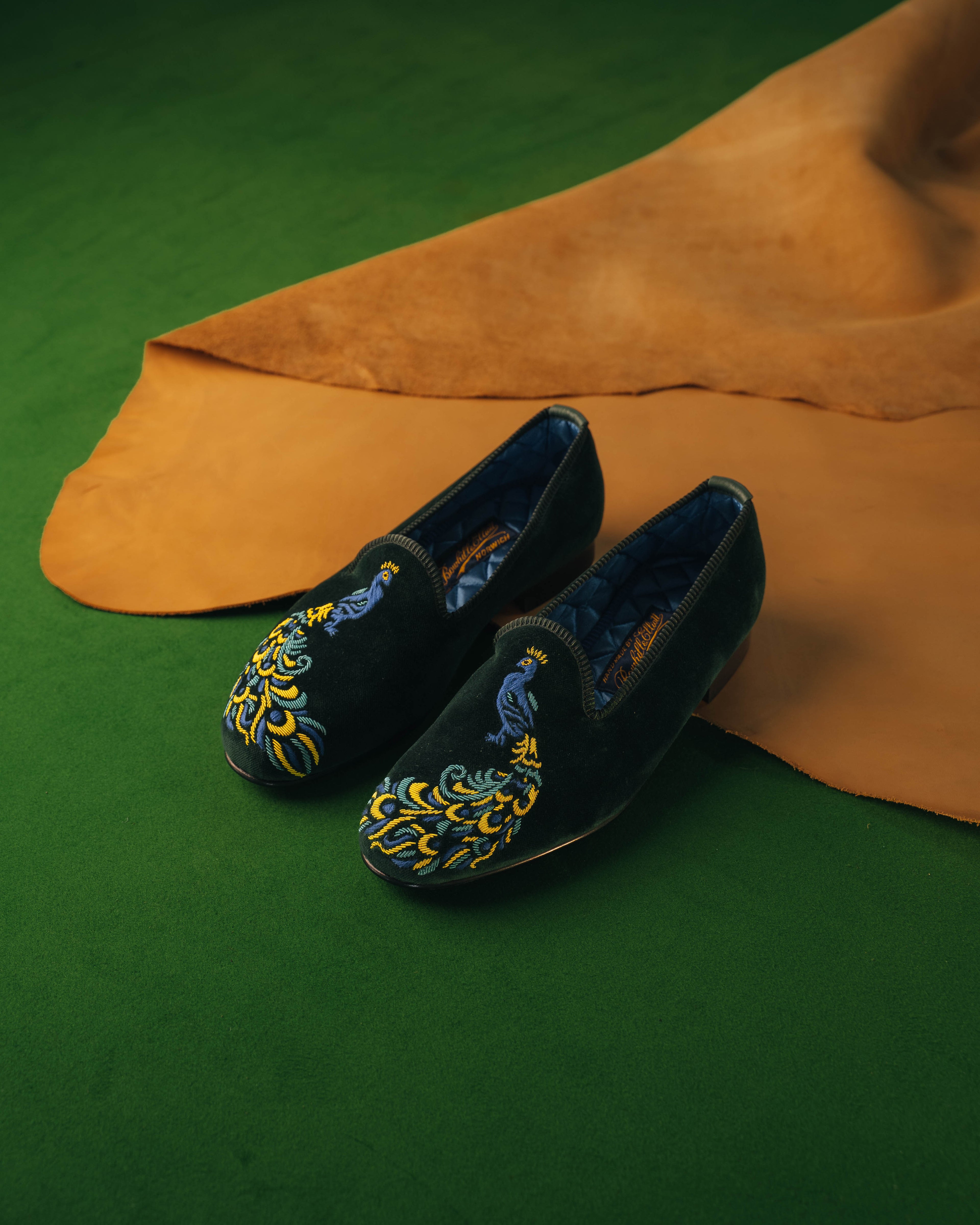 Green Velvet Venetian Peacock, Men's Slippers, Bowhill & Elliott