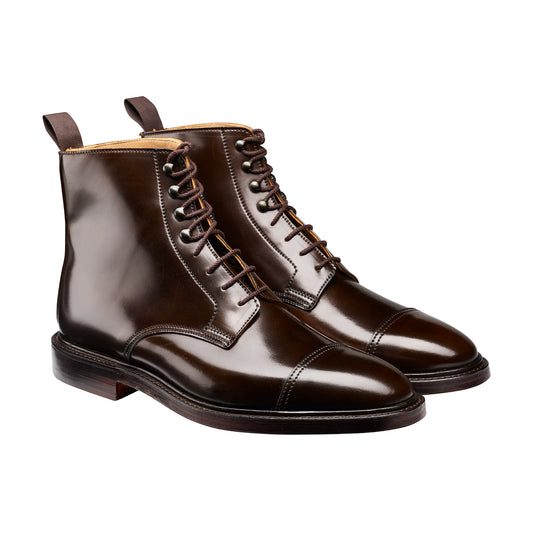 Harlech, dark brown derby boot, made in cordovan leather, branded Crockett & Jones