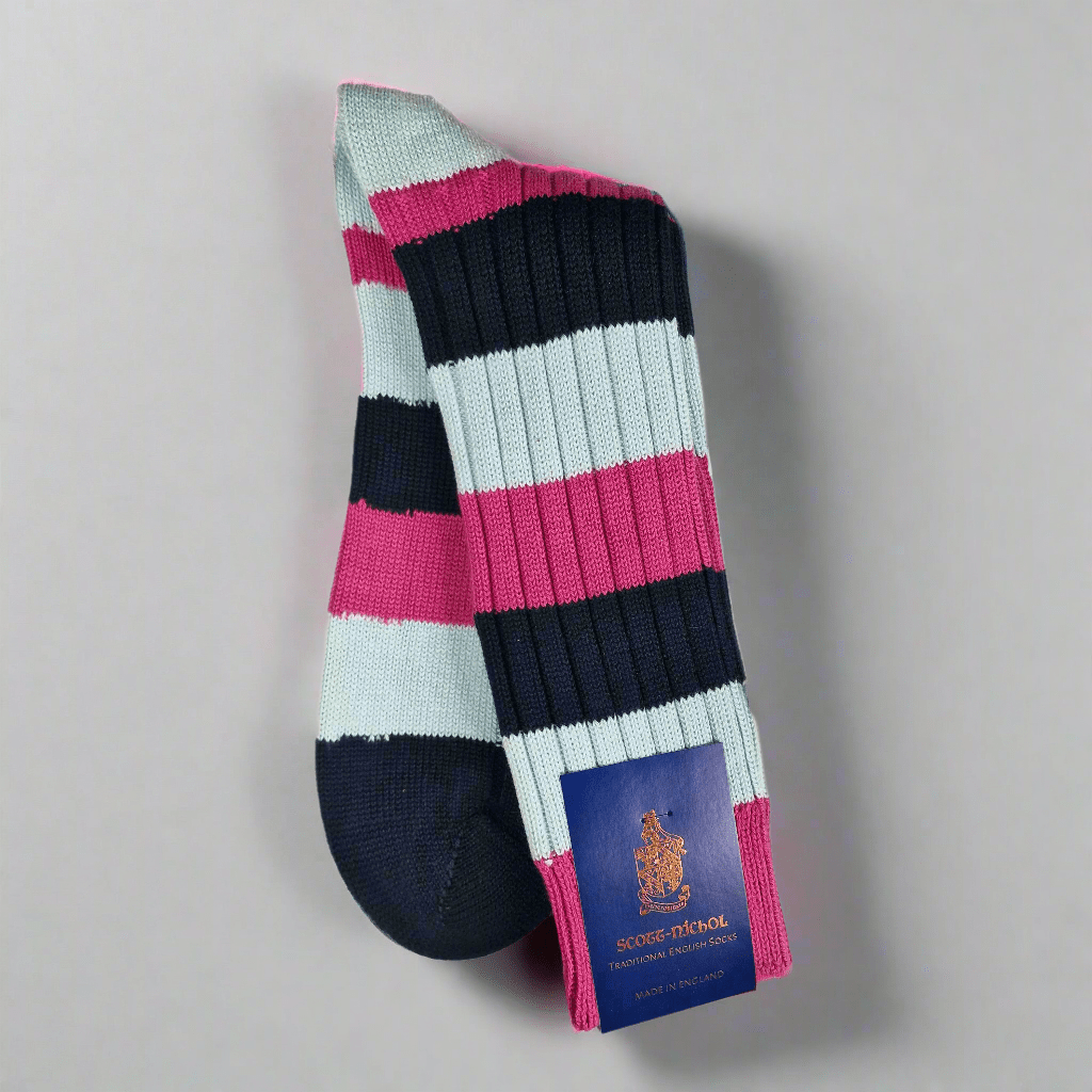 Marinblå, Rosa & Ljusblå Randig Strumpa, Large, Scott - Nichol - Hammargruppen