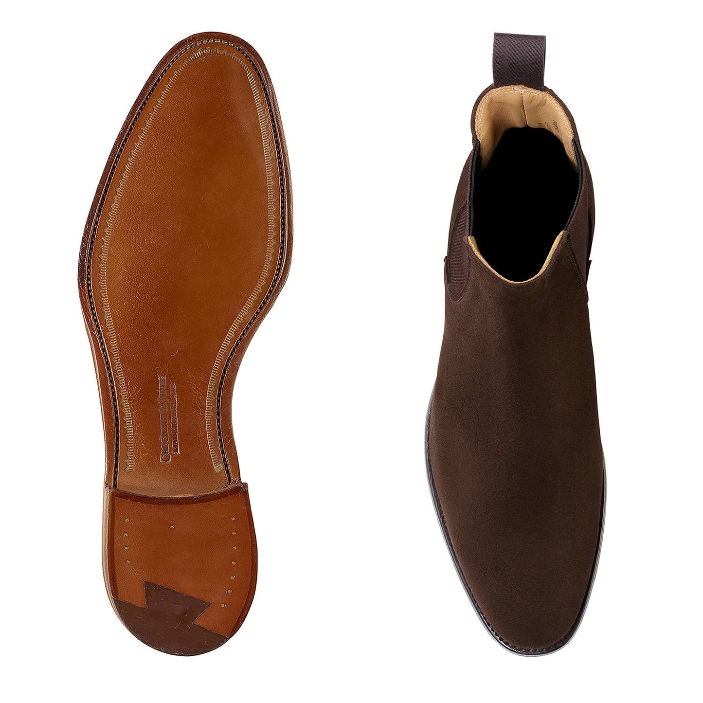 Bonnie, dark brown suede chelsea boot made in leather, branded Crockett & Jones