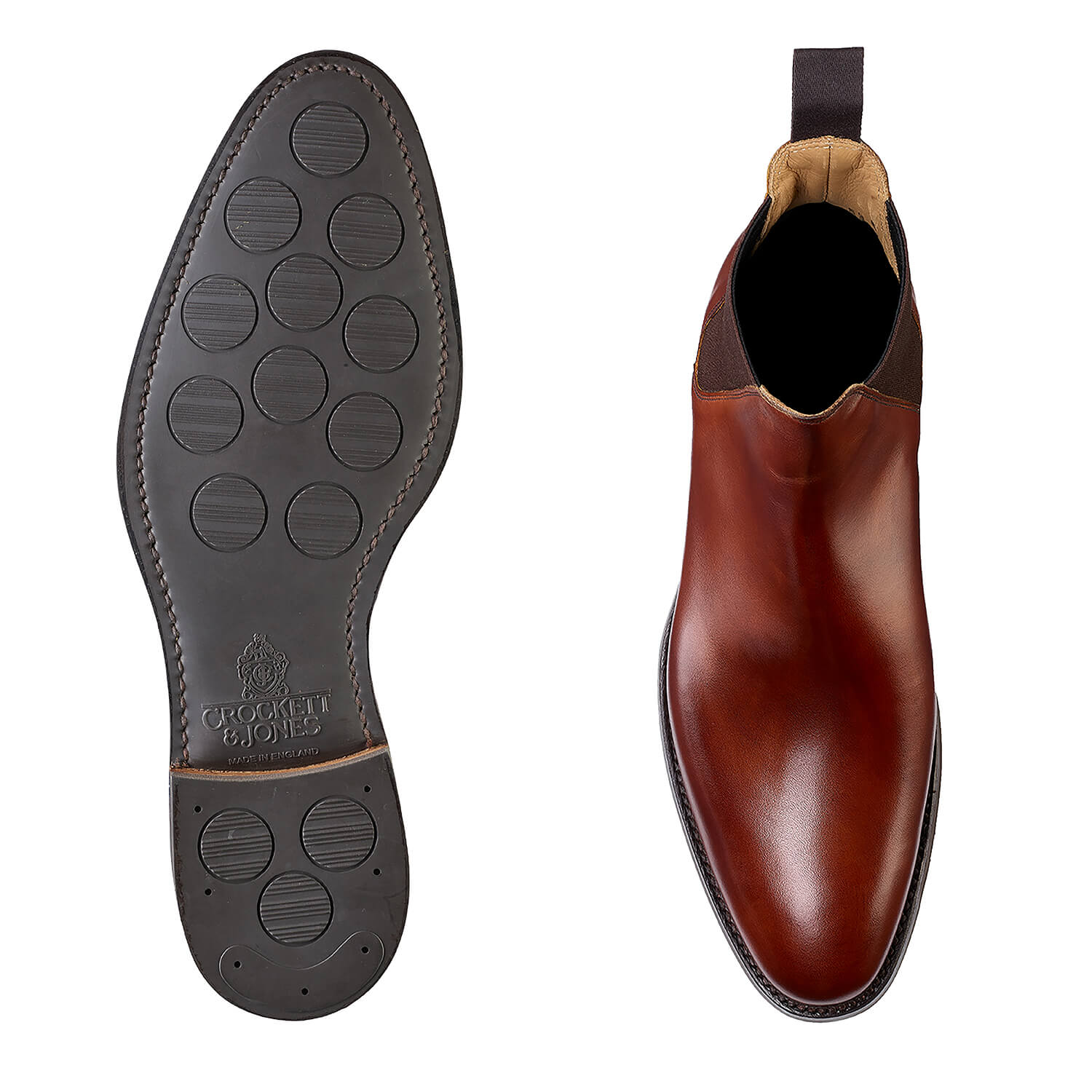 Chelsea 8, chestnut calf chelsea boot made in leather, branded Crockett & Jones