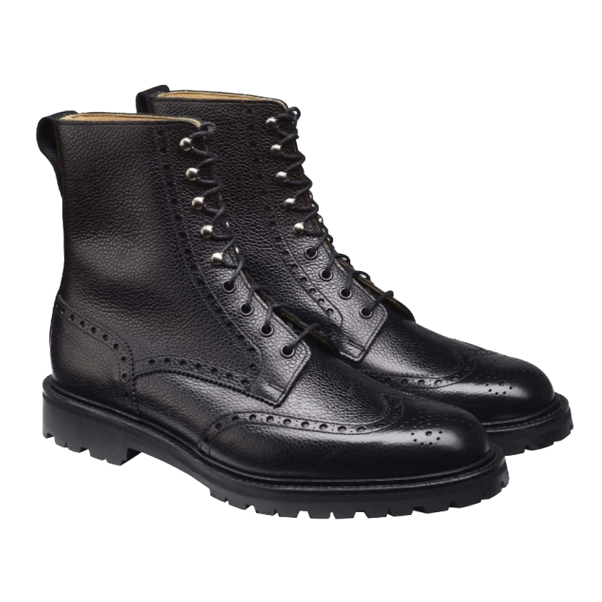 Islay, black scotch grain derby boot, made in leather, branded Crockett & Jones