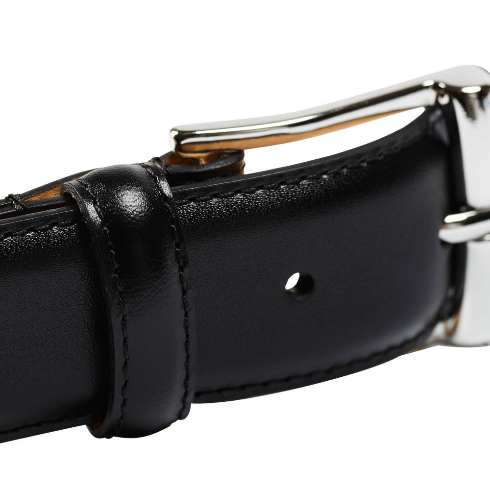 Belt in black calf with silver buckle branded Crockett & Jones
