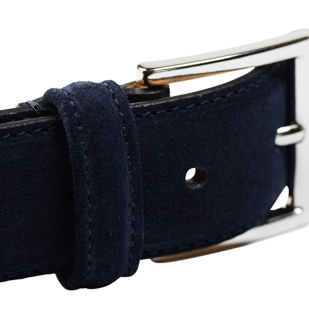 Belt in navy suede with silver buckle branded Crockett & Jones