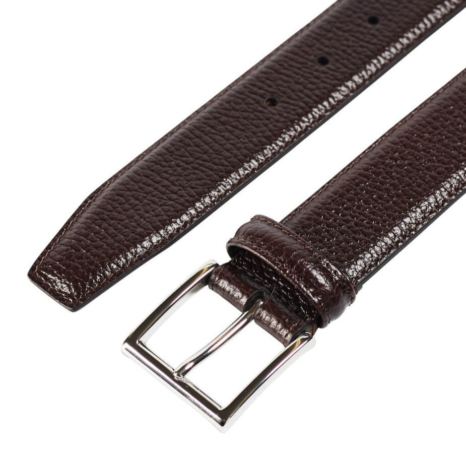 Belt in dark brown scotch grain with silver buckle branded Crockett & Jones