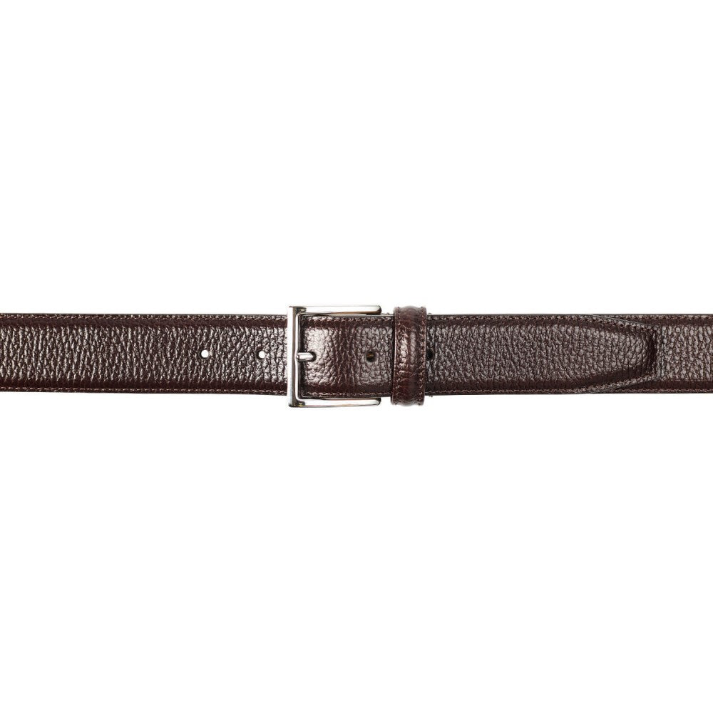 Belt in dark brown scotch grain with silver buckle branded Crockett & Jones