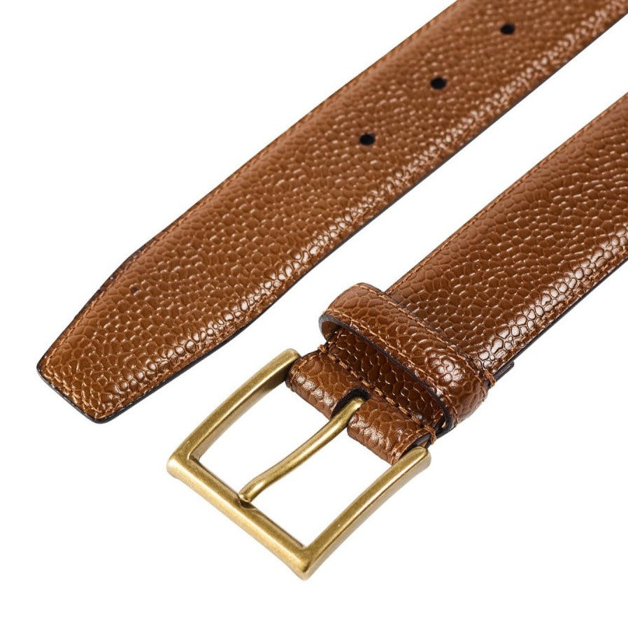 Belt in tan scotch grain with brass buckle branded Crockett & Jones