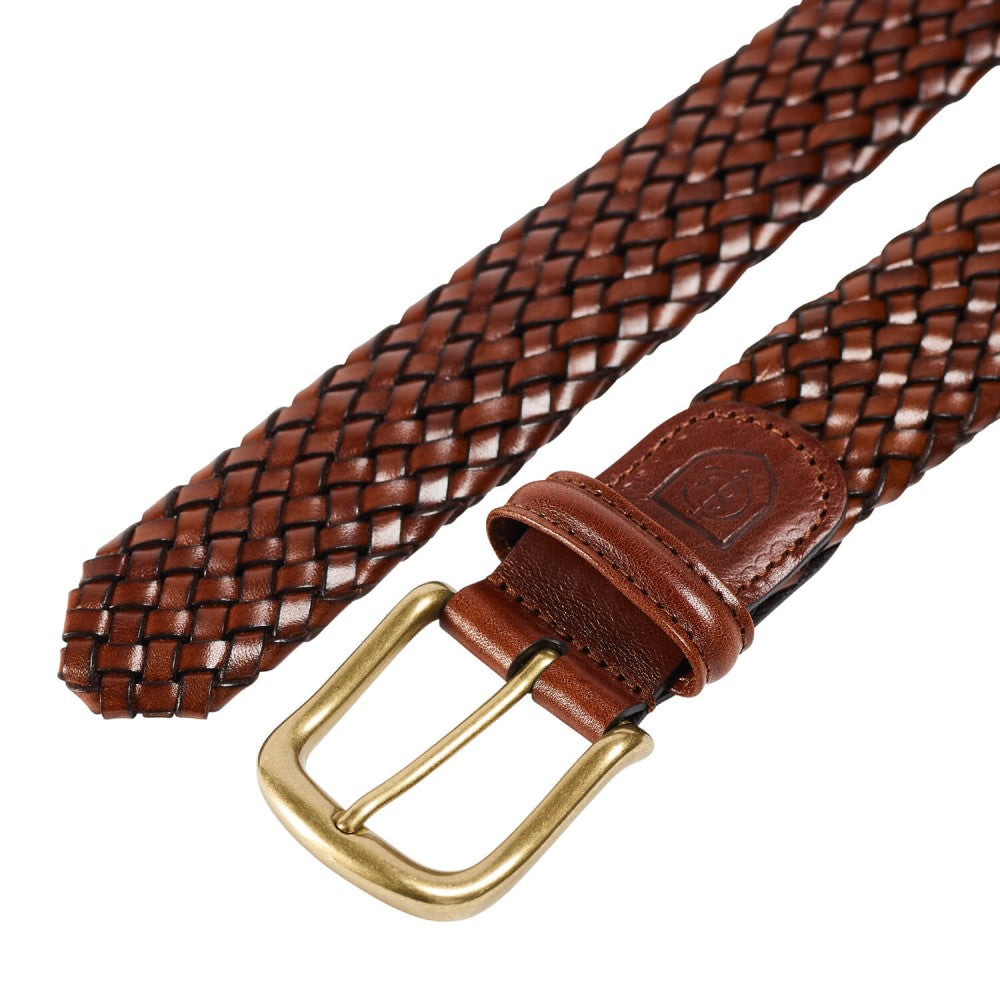 Belt in brown woven calf with brass buckle branded Crockett & Jones