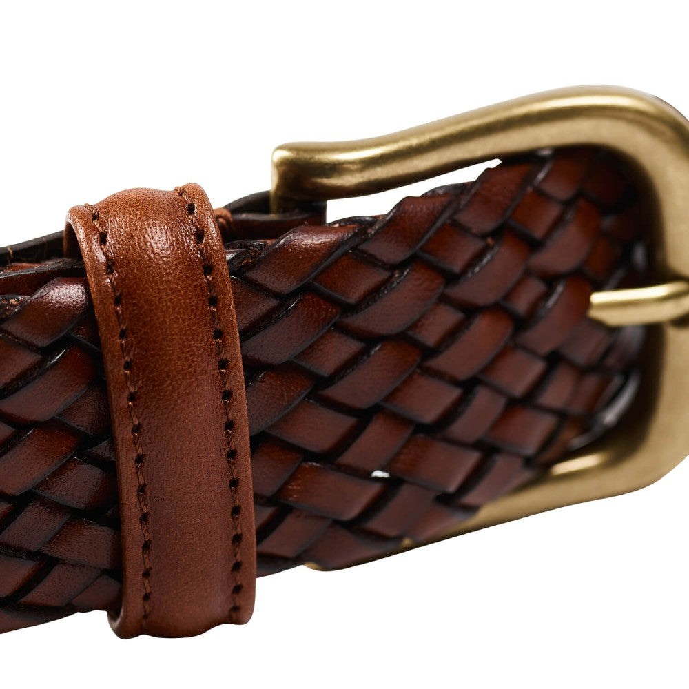 Belt in brown woven calf with brass buckle branded Crockett & Jones