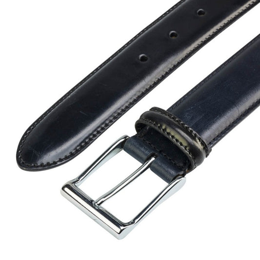 Belt in black cordovan with silver buckle branded Crockett & Jones