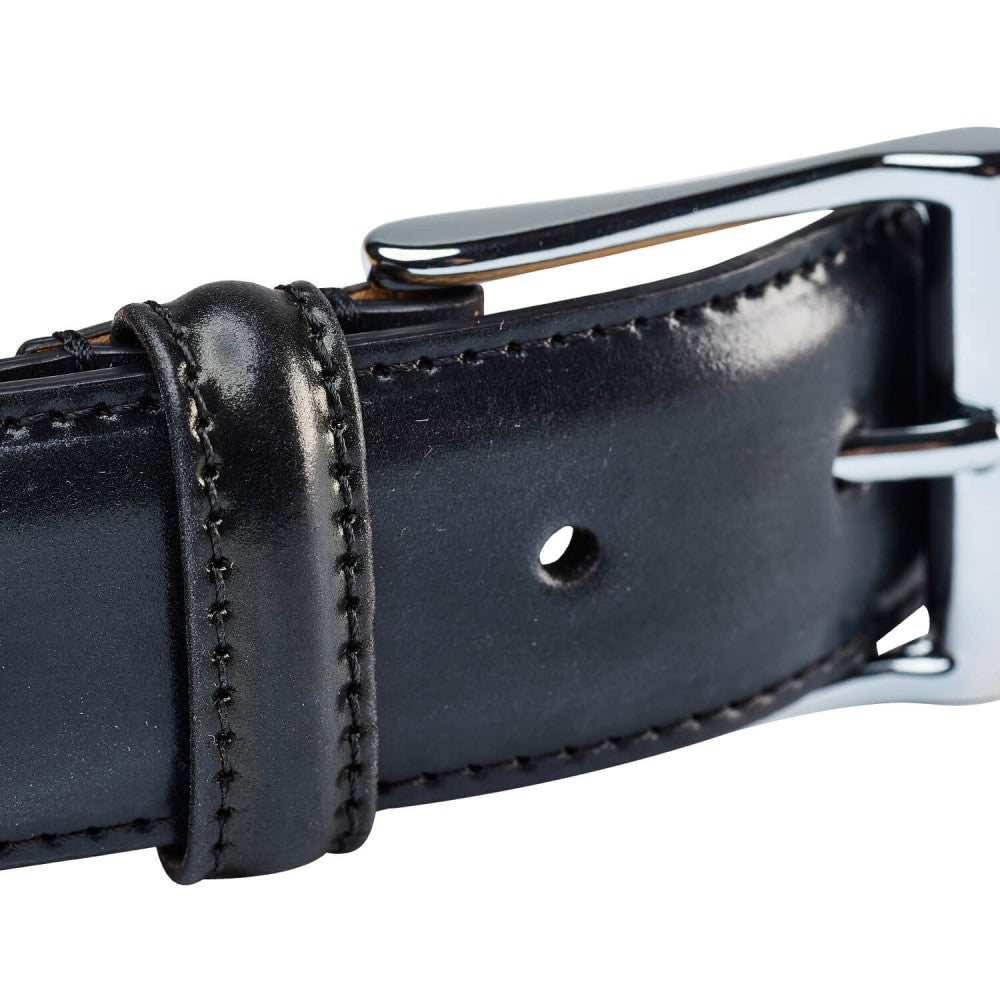 Belt in black cordovan with silver buckle branded Crockett & Jones