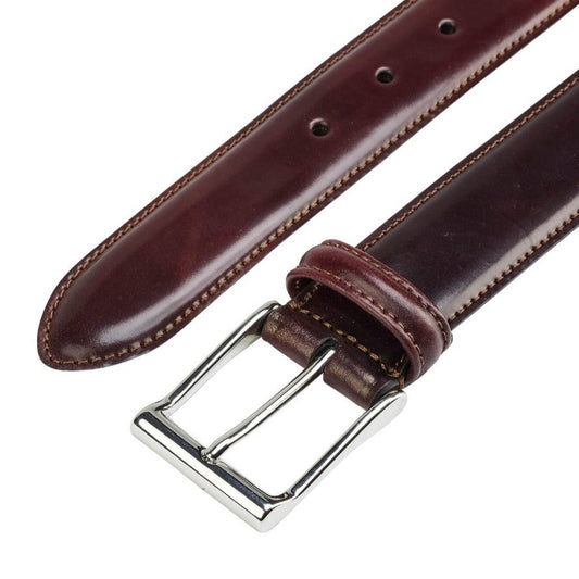 Belt in burgundy cordovan calf with silver buckle branded Crockett & Jones