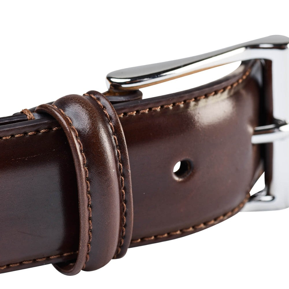 Belt in dark brown cordovan calf with silver buckle branded Crockett & Jones