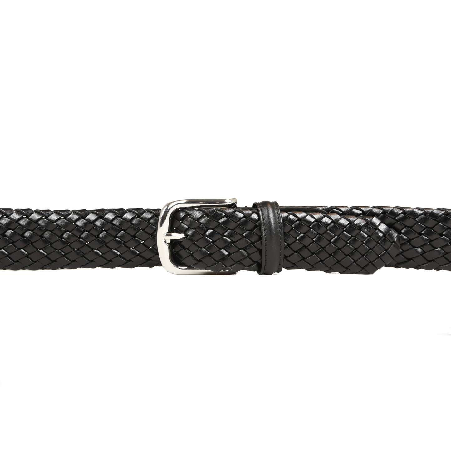 Belt in black woven calf with silver buckle branded Crockett & Jones