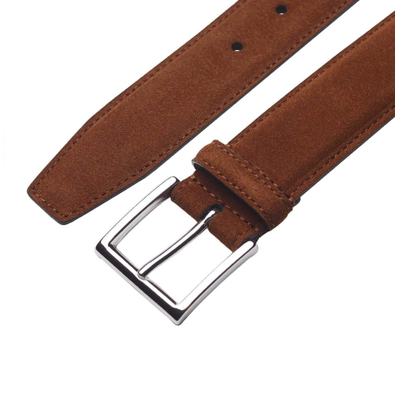 Belt in tobacco brown suede with silver buckle branded Crockett & Jones