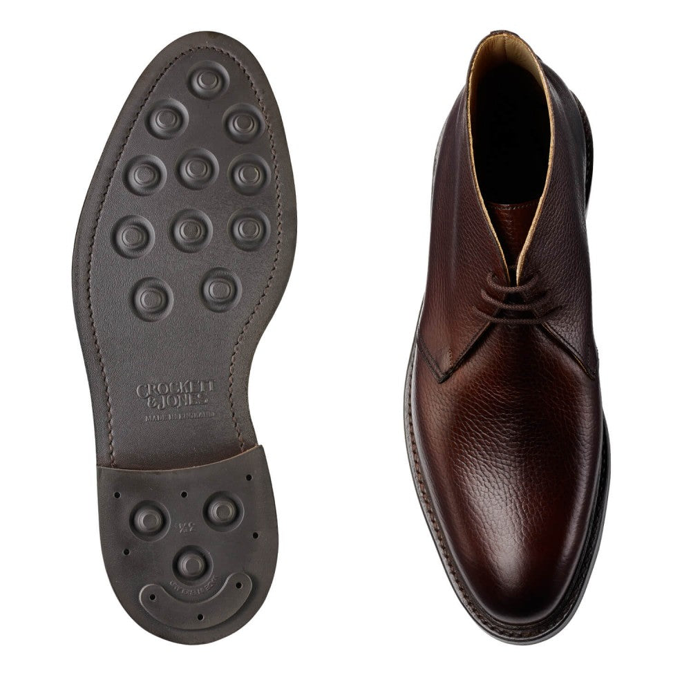 Brecon, dark brown country calf chukka boot made in leather, branded Crockett & Jones