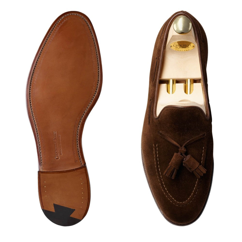 Cavendish, dark brown suede tassel loafer made in leather, branded Crockett & Jones