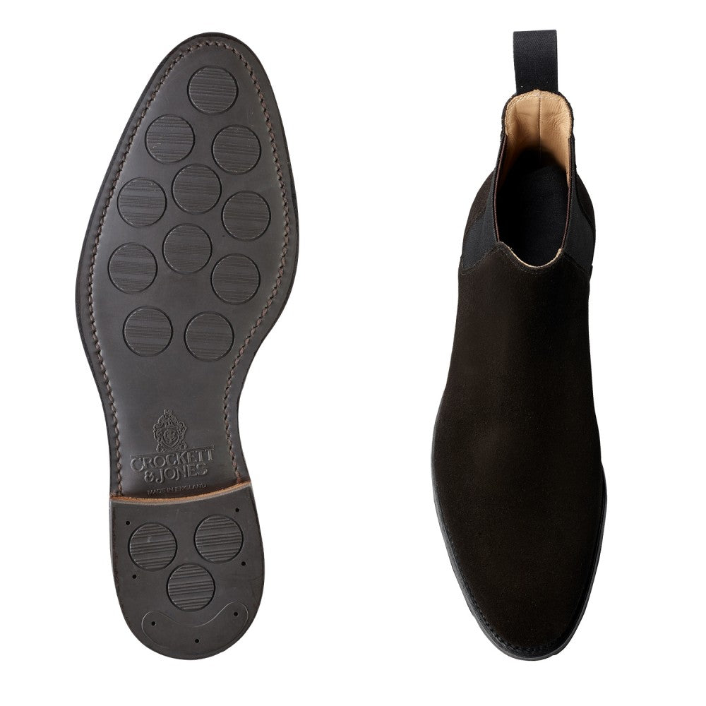 Chelsea 8, black suede chelsea boot made in leather, branded Crockett & Jones