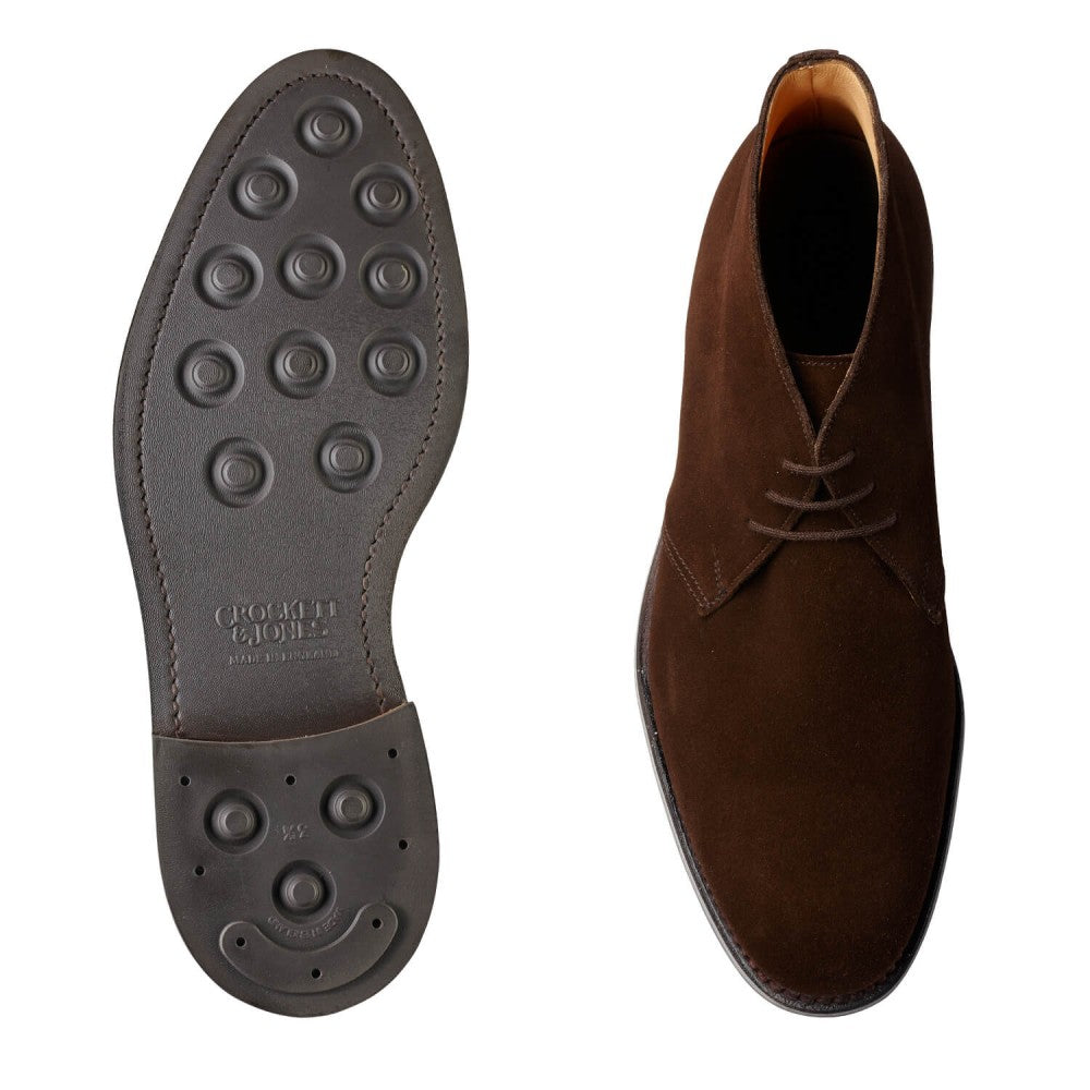 Chiltern, dark brown suede, chukka boot made in leather, branded Crockett & Jones
