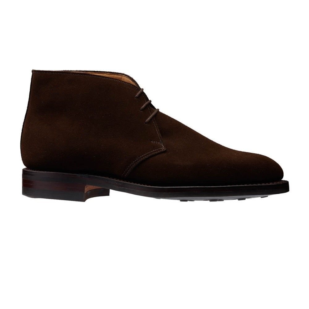 Chiltern, dark brown suede, chukka boot made in leather, branded Crockett & Jones