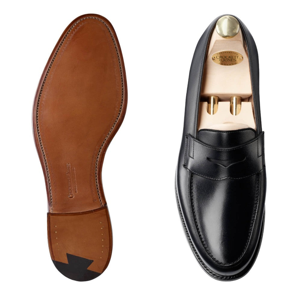 Grantham, black calf loafer made in leather, branded Crockett & Jones