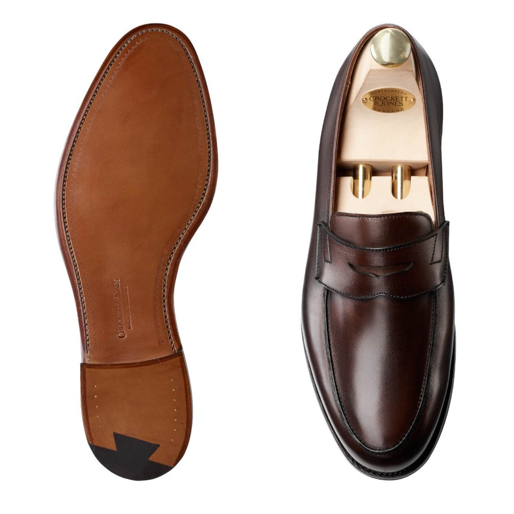 Grantham, dark brown calf loafer made in leather, branded Crockett & Jones