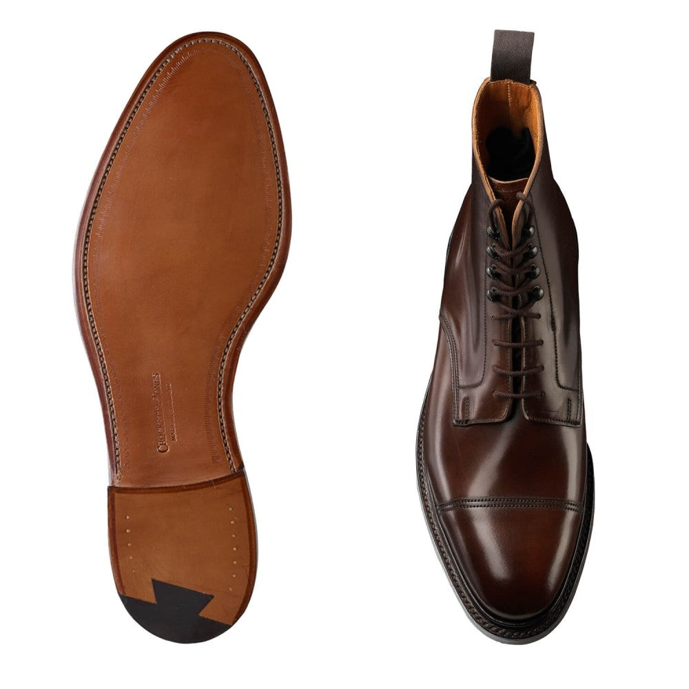 Harlech, dark brown derby boot, made in cordovan leather, branded Crockett & Jones